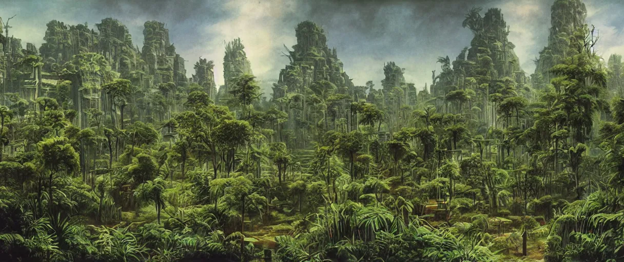 Image similar to matte painting of lost city overgrown with plants, vincent di fate, masterpiece,