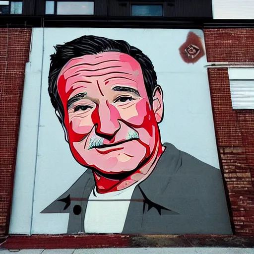 Prompt: robin williams street art mural by amanda stubbs x sachin teng x supreme : 1 high contrast, hard edges, matte painting, geometric shapes, masterpiece : 1