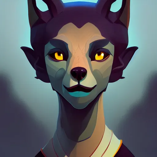 Image similar to portrait of anubis, an antropomorphic creature with coyote face, dark hair, mattepainting concept blizzard pixar maya engine on cold night stylized background splash comics global illumination lighting artstation lois van baarle, ilya kuvshinov, rossdraws