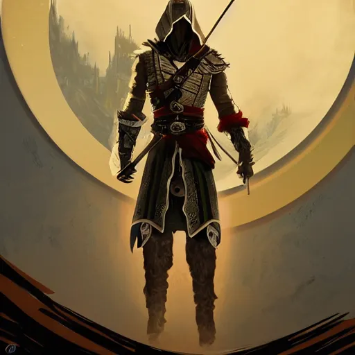 Image similar to an ultra detailed vector image of solaire of astora dressed as ezio auditore, concept art by alphonse mucha and greg rutkowski, praise the blood moon, octane render, liminal space