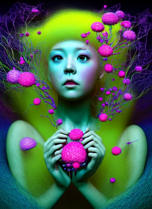 Image similar to hyper detailed 3d render like a Oil painting - kawaii Aurora (Singer) seen Eating of the Strangling network of colorful yellowcake and aerochrome and milky Fruit and Her delicate Hands hold of gossamer polyp blossoms bring iridescent fungal flowers whose spores black the foolish stars by Jacek Yerka, Mariusz Lewandowski, Houdini algorithmic generative render, Abstract brush strokes, Masterpiece, Edward Hopper and James Gilleard, Zdzislaw Beksinski, Mark Ryden, Wolfgang Lettl, hints of Yayoi Kasuma, octane render, 8k