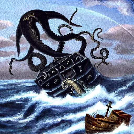 Image similar to oil painting of a kraken attacking a pirate ship