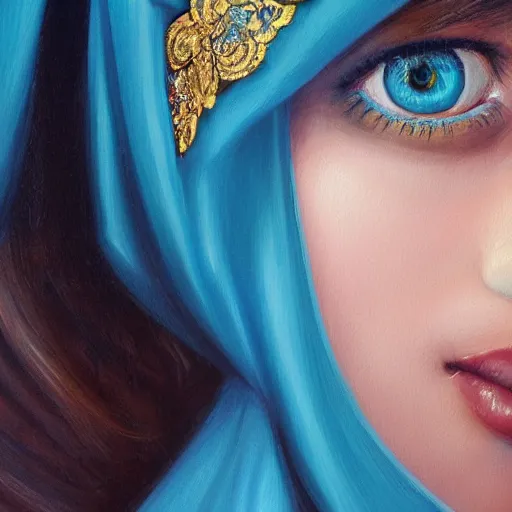 Image similar to detailed painting of a beautiful young Greek female wearing a blue dress with veil by Stanely Artgerm, crystal blue eyes, gold jewellery, long pearly black hair, majestic, beauty, dramatic light, turquoise color scheme, face portrait, ultra realistic, hyper realistic, fantasy, hdr, Trending on Artstation