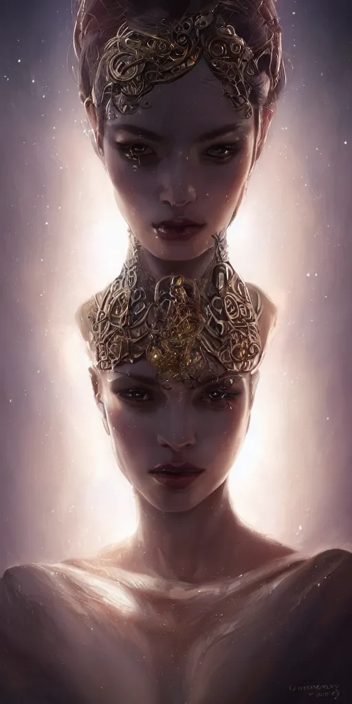 Prompt: realistic character concept of creature fantastic with lots of jewelry in the face, elegant pose, scifi, illustration, slender symmetrical face and body, artstation, cinematic lighting, hyperdetailed, cgsociety, 8 k, high resolution, charlie bowater, tom bagshaw, insanely detailed and intricate, beautiful, elegant, golden ratio, dark fractal background, vfx, postprocessing