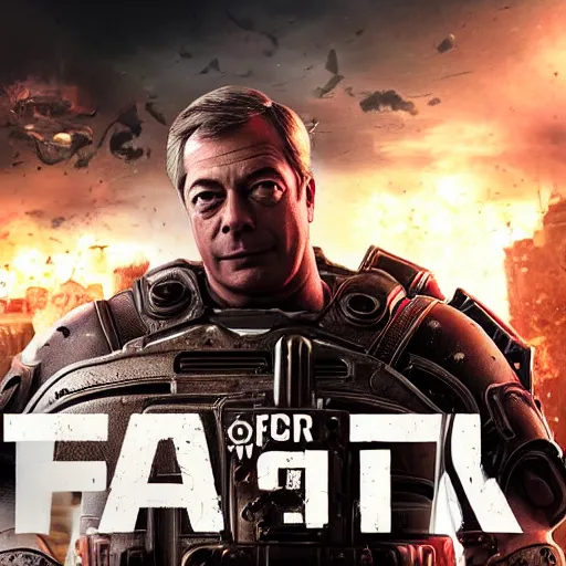 Image similar to Portrait of Nigel Farage in Gears of War, splash art, movie still, cinematic lighting, dramatic, octane render, long lens, shallow depth of field, bokeh, anamorphic lens flare, 8k, hyper detailed, 35mm film grain