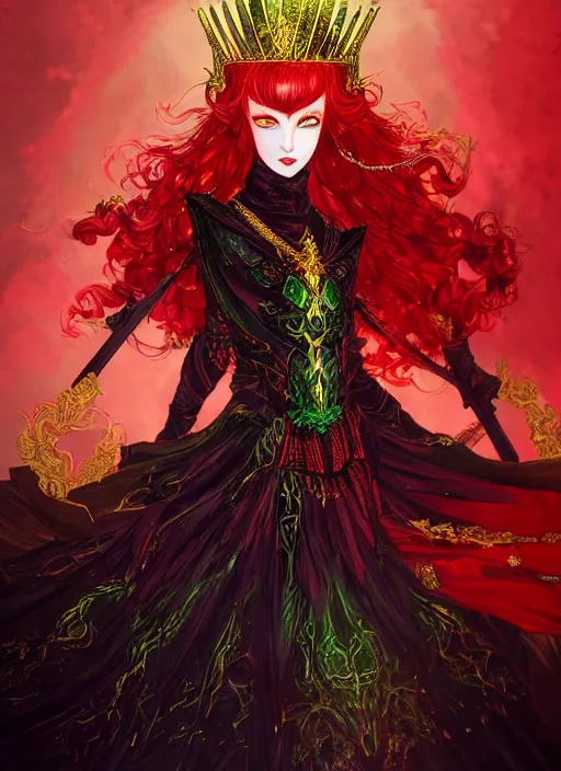 Image similar to Full body portrait of a beautiful red haired elven queen with haughty look, ominous black aura, wearing red, green and gold ceremonial queen dress and elaborate golden crown. In style of Yoji Shinkawa and Hyung-tae Kim, trending on ArtStation, dark fantasy, great composition, concept art, highly detailed.