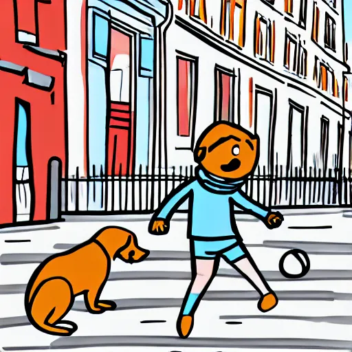 Image similar to illustration of boy playing football with his dog on the streets of paris, his dog dog is a corgi that wears a polkadot scarf