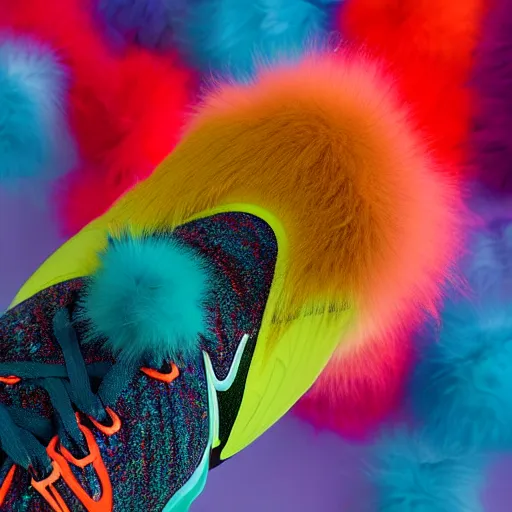 Image similar to poster nike shoe made of very fluffy colorful faux fur placed on reflective surface, professional advertising, overhead lighting, heavy detail, realistic by nate vanhook, mark miner