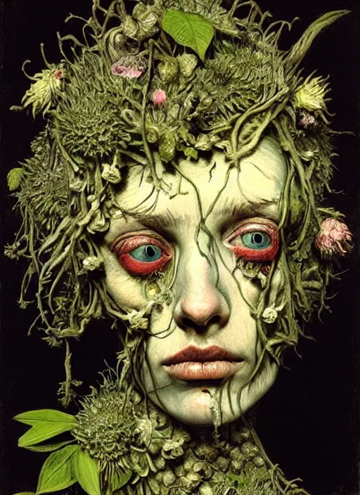 Image similar to beautiful and detailed rotten woman made of plants and many different types of flowers, muscles, intricate, organs, ornate, surreal, john constable, guy denning, dan hillier, manera, van gogh, caravaggio