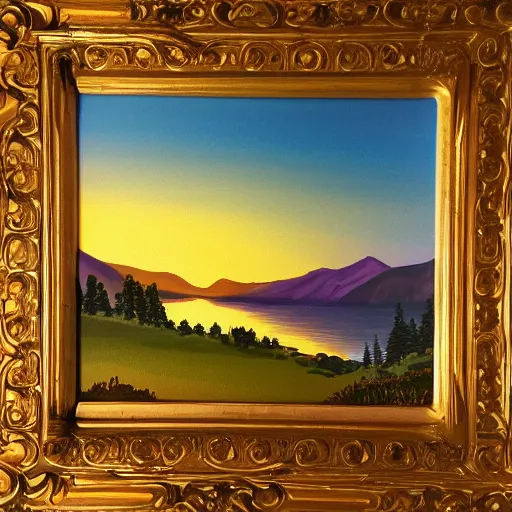 Image similar to a landscape with a lake in the mountain. sunset. cottage. acrylic painting. 4 k. very detailed. trandint on artstation. masterpiece. shadows.