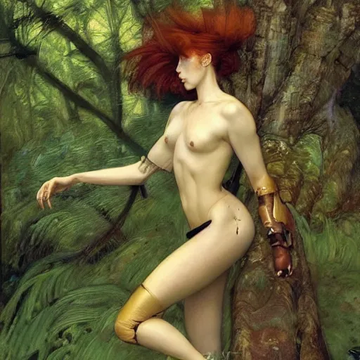 Image similar to beautiful female cyborg with auburn hair, lounging in the Marian forest at dusk, by Edgar Maxence and Ross Tran and Michael Whelan and Gustav Klimpt