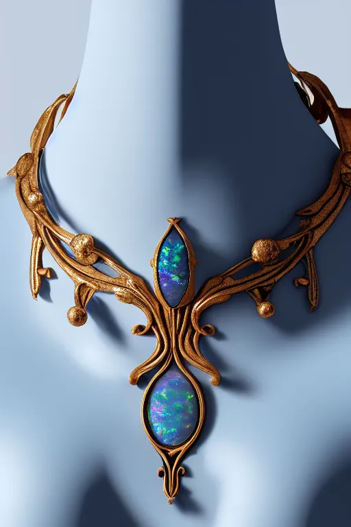 Image similar to historical, art nouveau, opals and cyan gemstone choker, glowing inside, octane render, realistic, dramatic light, 3 d, photograph 4 k,