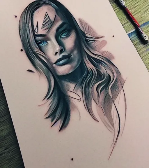 Prompt: tattoo design sketch of margot robbie and beautiful mountain scenery mash up, in the style of maaika de jong, surrealist, amazing detail, sharp