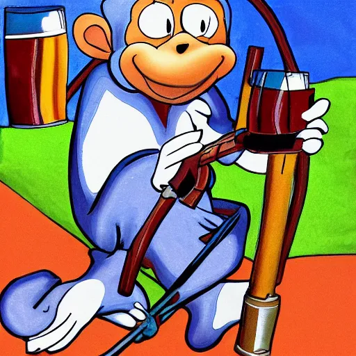 Prompt: cartoon style monkey drinking a beer on a pogo stick, disney,