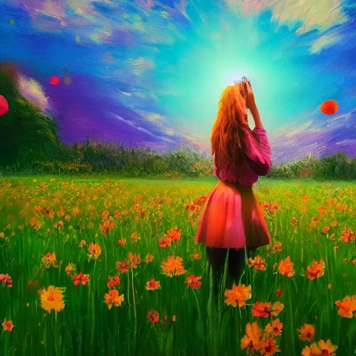 Prompt: girl with an exploding flower for a head, surreal photography, dream, standing in flower field, magical, in a valley, sunrise dramatic light, impressionist painting, colorful clouds, artstation, simon stalenhag, flower face