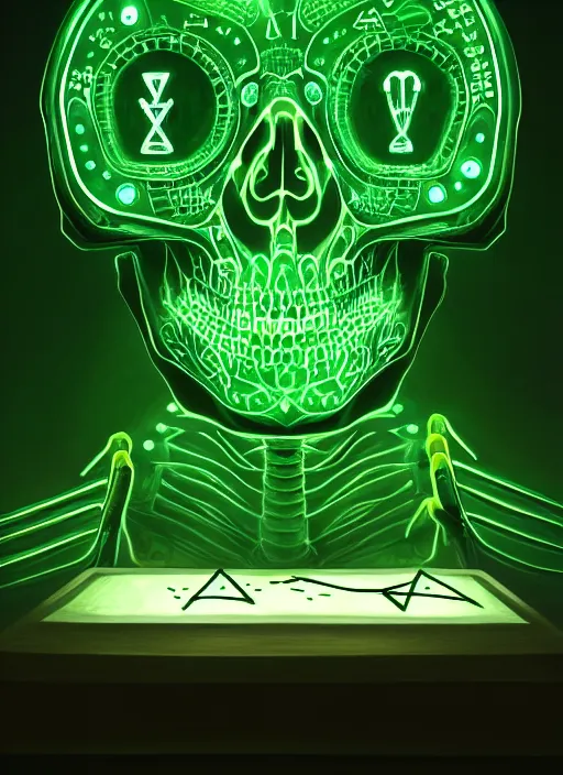 Prompt: portrait of ancient skeleton writing runes into personal computer with glowing green keys, runes, runic words, ancient evil letters, glowing green, intricate, elegant, glowing lights, highly detailed, digital painting, artstation, concept art, smooth, sharp focus, illustration, art by wlop, mars ravelo and greg rutkowski