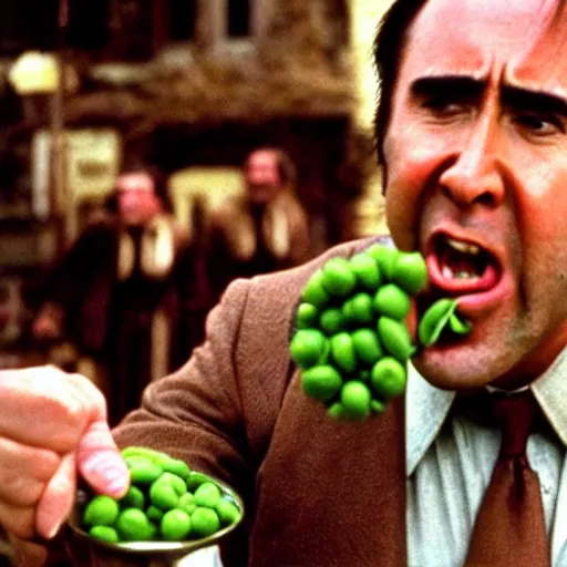 Image similar to nicolas cage screaming with a mouth full of peas, movie still, the wicker man