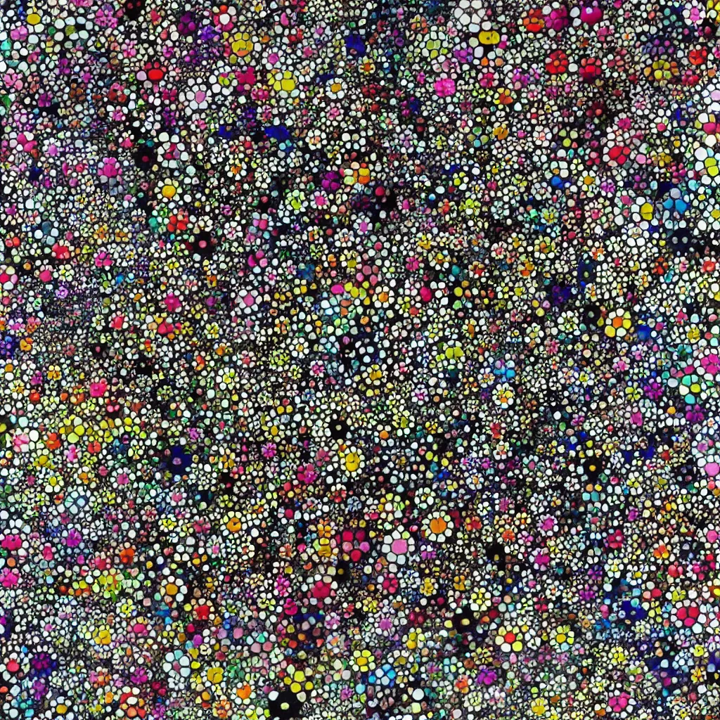 Image similar to camouflage made of flowers, style of takashi murakami, abstract, rei kawakubo artwork, cryptic, dots, stipple, lines, splotch, color tearing, pitch bending, color splotches, dark, ominous, eerie, minimal, points, technical, old painting