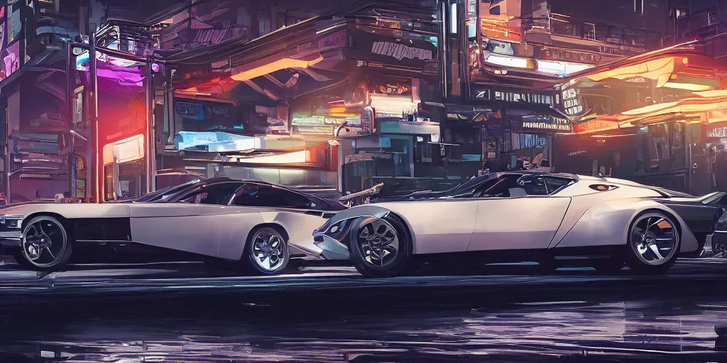 Prompt: art style by Ben Aronson and Edward Hopper and Syd Mead, wide shot view of the Cyberpunk 2077, on ground level. full view of a silver car designed by Henrik Fisker, Bruce Kaiserm and Jon Sibal.