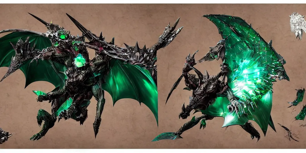 Image similar to Emerald four legged crystal bat, character design sheet, Monster Hunter Illustrations art book, big claws, sharp fangs, huge wings, long tail, iridescent scale patterns, cluster of crystals as spikes on its back, Moebius, Greg Rutkowski, Zabrocki, Karlkka, Jayison Devadas, Phuoc Quan, trending on Artstation, 8K, ultra wide angle, zenith view, pincushion lens effect.