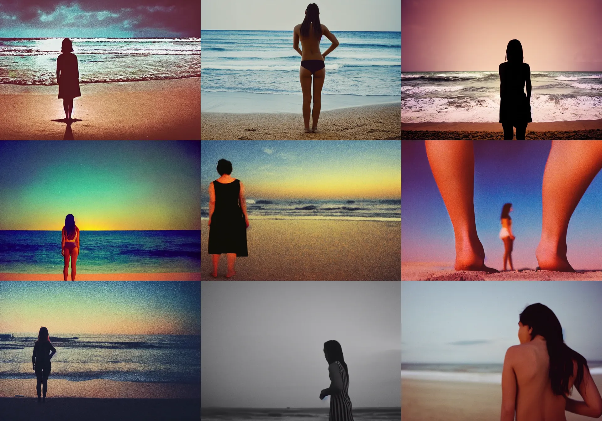 Prompt: home photography portrait, view from behind, a woman standing on the beach ; night, summer, color vhs picture quality with mixed noise