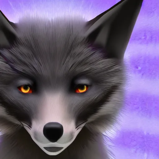 Image similar to second life game screenshot close up of a fluffy black fox with pretty purple eyes