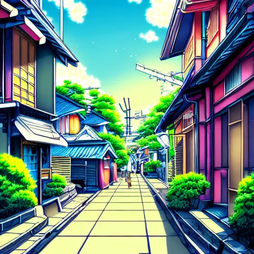 Image similar to anime tokyo residential quiet street scenery only wallpaper aesthetic, saturated colors, beautiful