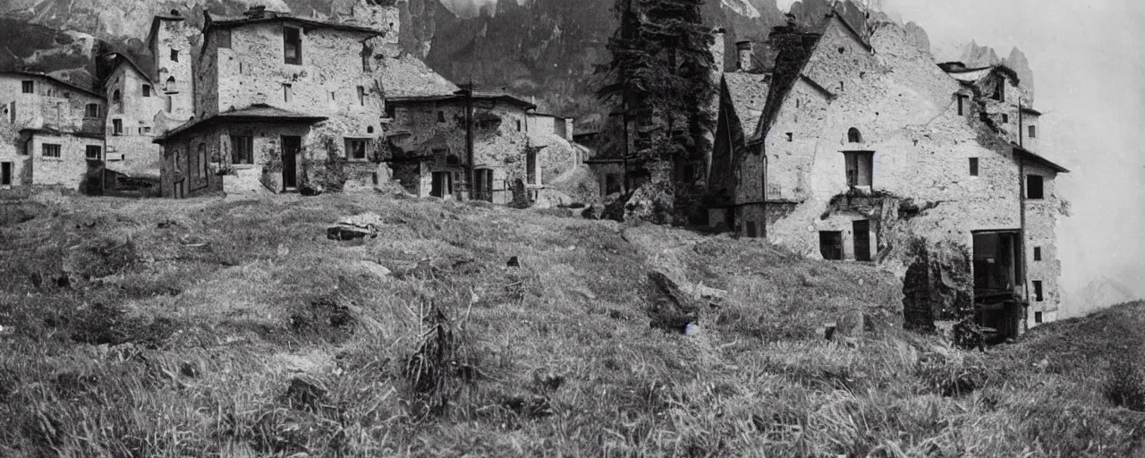 Image similar to 1920s photography of an isolated old village with ghostly wood buildings in the dolomites inhabitated by hay ghosts