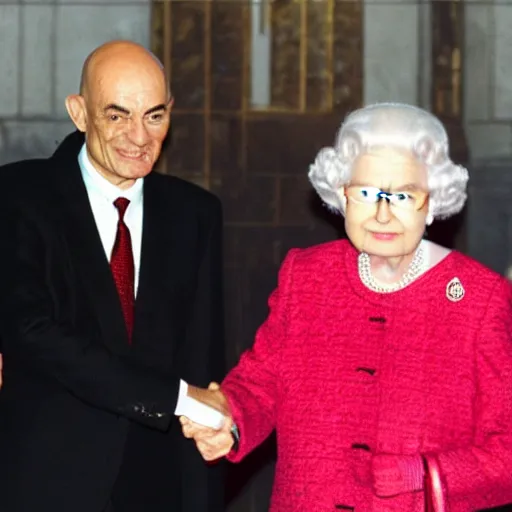 Image similar to pim fortuyn and michael jackson shaking hands, on a podium, in front of the queen