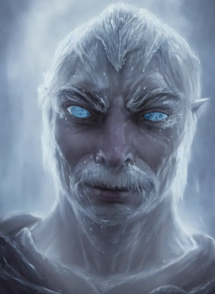 Image similar to a face portrait of an ice troll from skyrim, fantasy setting, beautiful face, serene colors, soft lighting, atmospheric, cinematic, moody, in the style of diego koi, gina heyer, luiz escanuela, art by alyssa monk, hyperrealism, rule of thirds, golden ratio, oil on canvas, 8 k