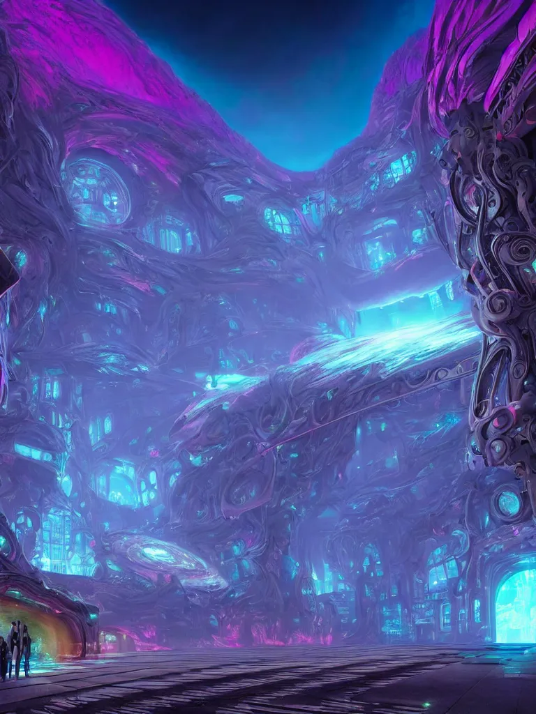 Image similar to entrance to ethereal realm, god waiting, rendered in unreal engine, central composition, symmetrical composition, dreamy colorful cyberpunk colors, 6 point perspective, fantasy landscape with anthropomorphic!!! terrain!!! in the styles of igor morski, jim warren, and rob gonsalves, intricate, hyperrealistic, volumetric lighting, neon ambiance, distinct horizon