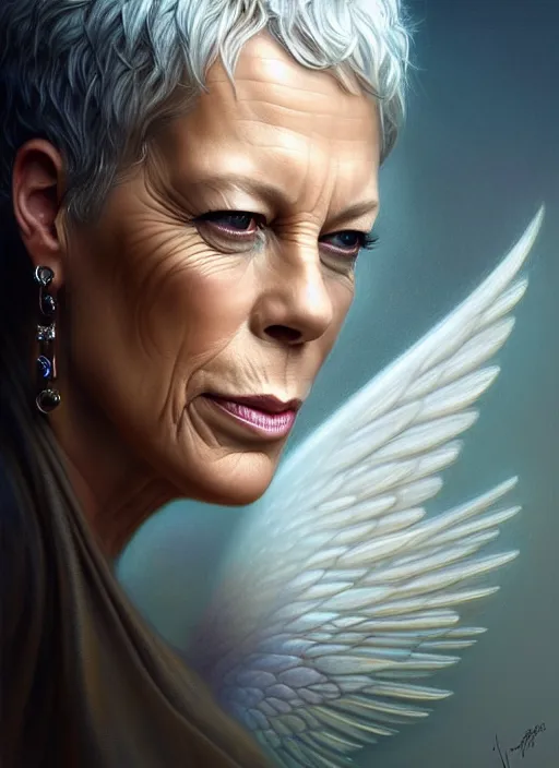 Image similar to jamie lee curtis an angel, aesthetic, fine art, intricate, elegant, highly detailed, realistic hair, centered, digital painting, art station, conceptual art, soft, sharp focus, illustration, artwork, artgerm, tomasz alen kopera, peter mohrbacher, donato giancola, wlop, boris vallejo