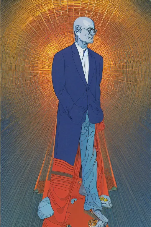 Image similar to an original jean giraud digital art painting of a portrait of a zen - buddhist capitalist in a bankers suit