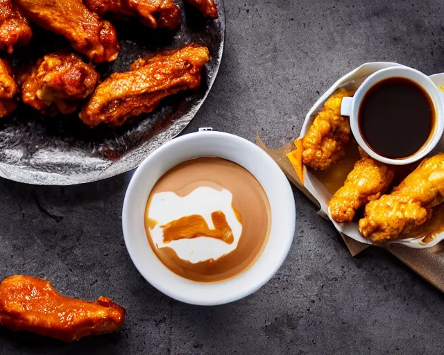 Image similar to A cup of coffee next to hot wings covered in a lot of cheese, Cinematic shot, 8k resolution