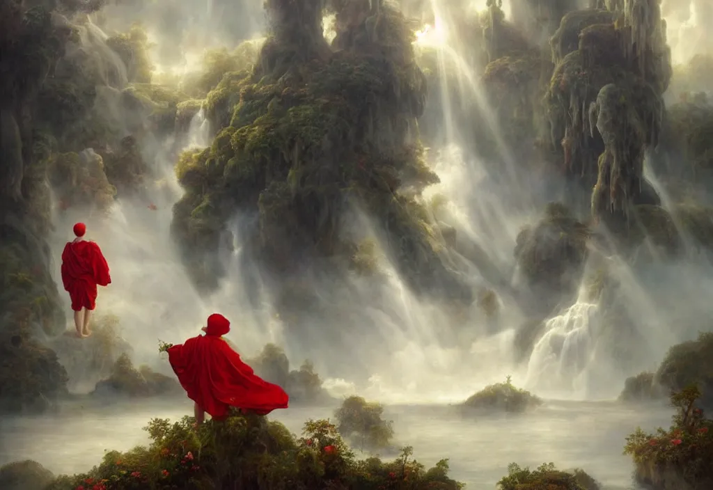 Image similar to floating lands in-clouds, foggy, volumetric fog, flying whales, sun beams, blooming, bird flocks!!, giant mushrooms, waterfalls, monks in red robes; by Tom Bagshaw, Ivan Shishkin, Hans Thoma, Asher Brown Durand