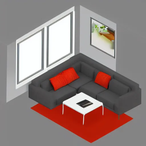 Prompt: 3d render of a corner section of a room, isometric, white background, couch and windows