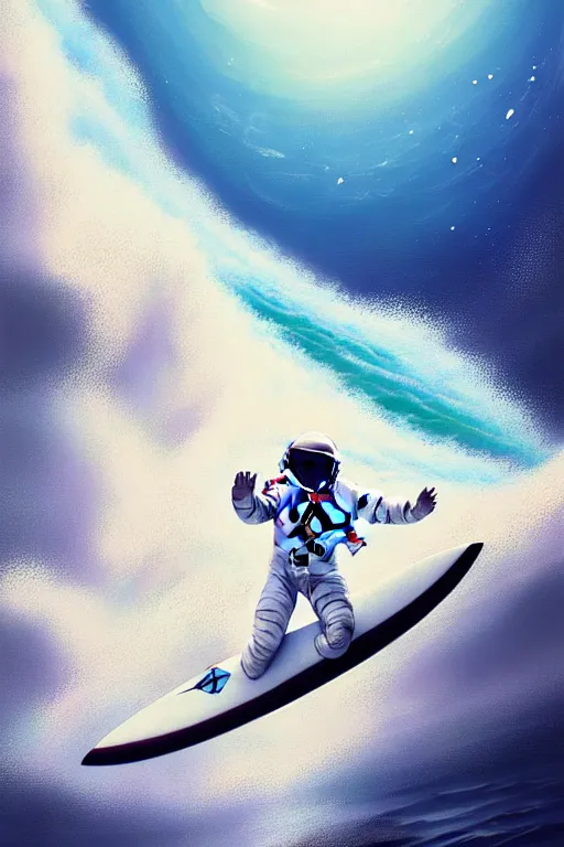 Image similar to a beautiful digital painting of an astronaut in a white space suit surfing the great wave on a surfboard by greg rutkowski, photorealistic, trending on artstation, octane render