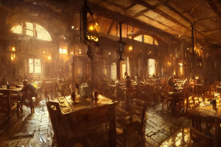 Prompt: A national geographic photo of the interior of an old inn restaurant filled with people by greg rutkowski, france classic, Trending on artstation