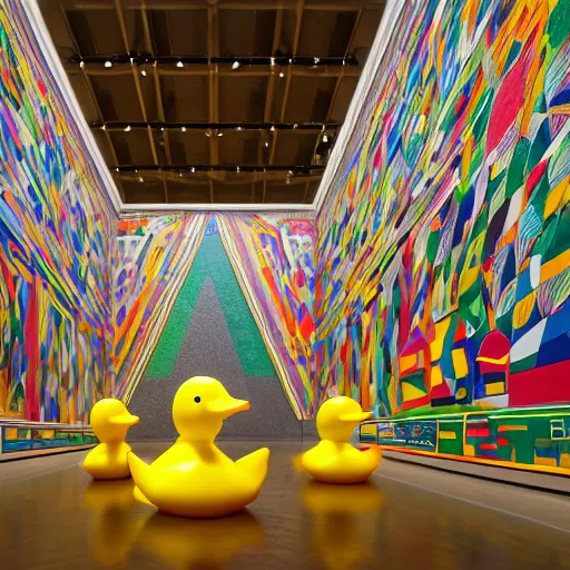 Image similar to wide shot, one photorealistic rubber duck in foreground on a pedestal in an cavernous museum gallery, metropolitan museum of art, the walls are covered with colorful geometric wall paintings in the style of sol lewitt, tall arched stone doorways, through the doorways are more wall paintings in the style of sol lewitt.