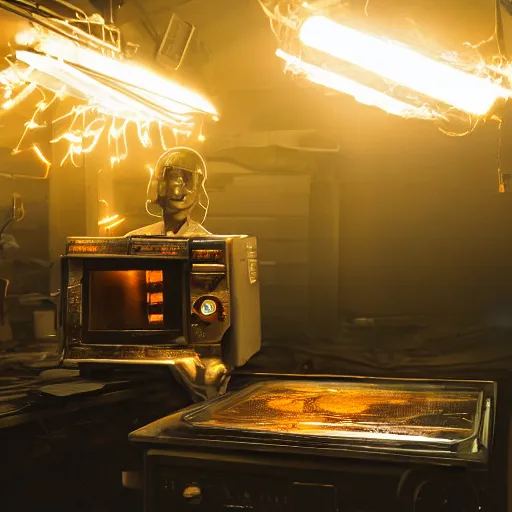 Image similar to cyborg toaster oven repairman, dark messy smoke - filled cluttered workshop, dark, dramatic lighting, orange tint, sparks, plasma rays, cinematic, highly detailed, sci - fi, futuristic, movie still