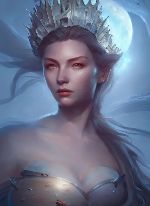 Image similar to sea queen, mysterious, lunar, gentle, highly detailed, digital painting, artstation, concept art, smooth, clear focus, illustration, unreal engine 5, 8 k, works by ross tran, greg rutkowski and edgar maxence