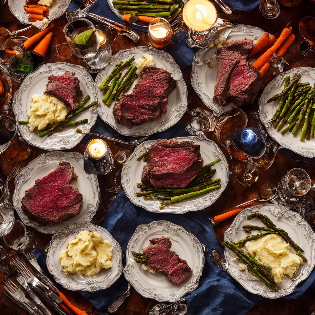 Image similar to macro chest - level shot of a single plate with prime rib, asparagus, mashed potatoes and gravy, and steamed carrots with blue table cloth and lit candles in ornate silver candlesticks, ultra - realistic, photo realism, professional photograph, extreme detail, deep focus, laser sharp, volumetric lighting, atmospheric, luxury, elite