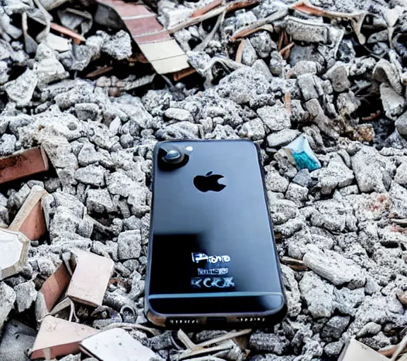 Prompt: an iPhone smartphone in the rubble, ruins.