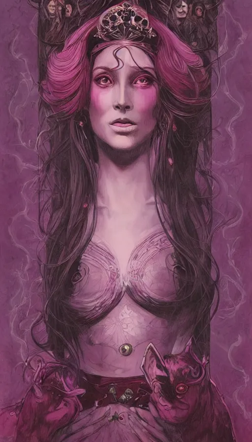 Image similar to portrait of princess of the dreamlands and moon beast, beautiful! coherent! by brom, deep colors, red maroon purple pink black, strong lines, rule of thirds
