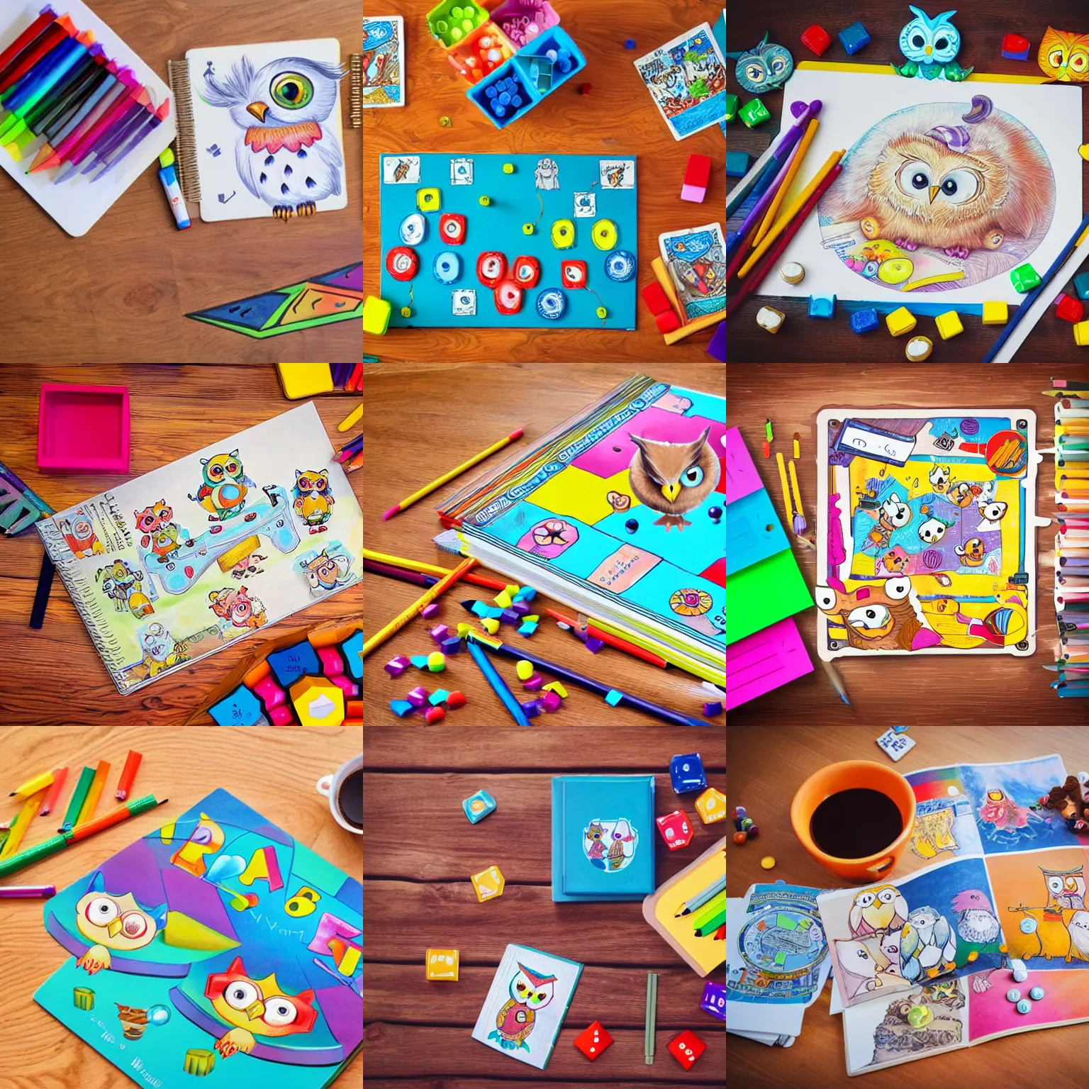 Prompt: board games on a table, with a cute fluffy baby owl, cartoony, children's book, pencil drawing, colorful