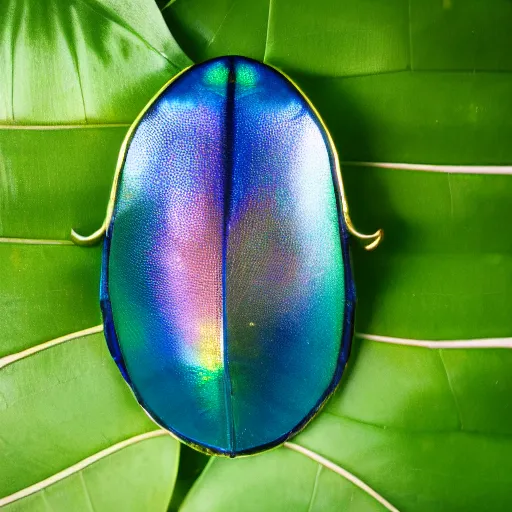 Image similar to an iridiscent scarab walking on top of a monstera leaf, 35mm, f1.8, realistic