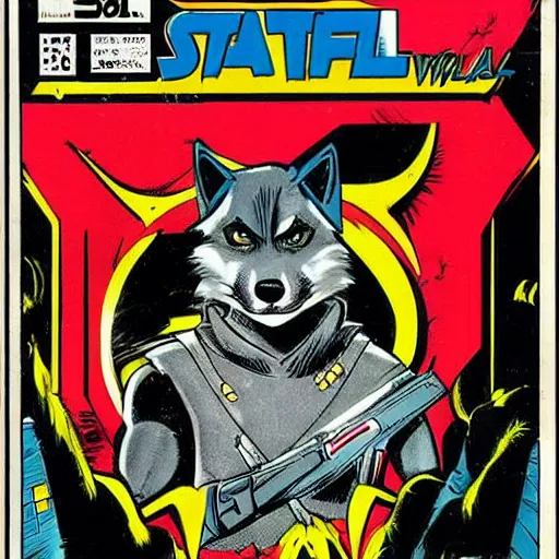 Image similar to 1 9 8 0 s comic book cover scan featuring a portrait of villain male wolf o'donnell anthropomorphic wolf furry fursona from starfox wearing a dark space mercenary uniform, dark grey wolf, handsome eyes, wolf o'donnell
