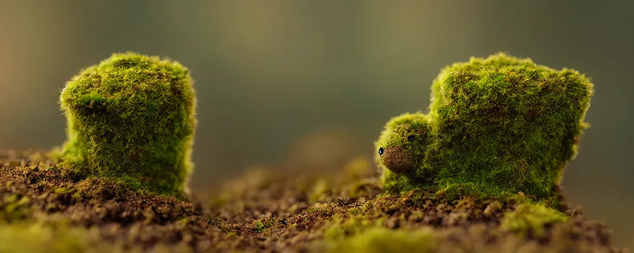 Image similar to a tiny cute mossy forest creature by bobby chiu, at sunset, macro photography, goro fujita