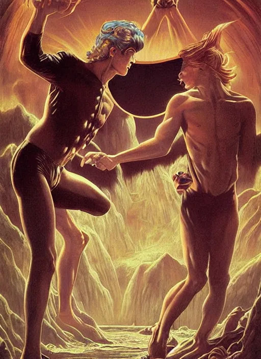 Image similar to twin peaks poster art, david bowie fighting his doppelganger gemini good and evil fantasy by, wayne barlowe, old retro pulp, by michael whelan, rossetti bouguereau, artgerm, nostalgic, old fashioned