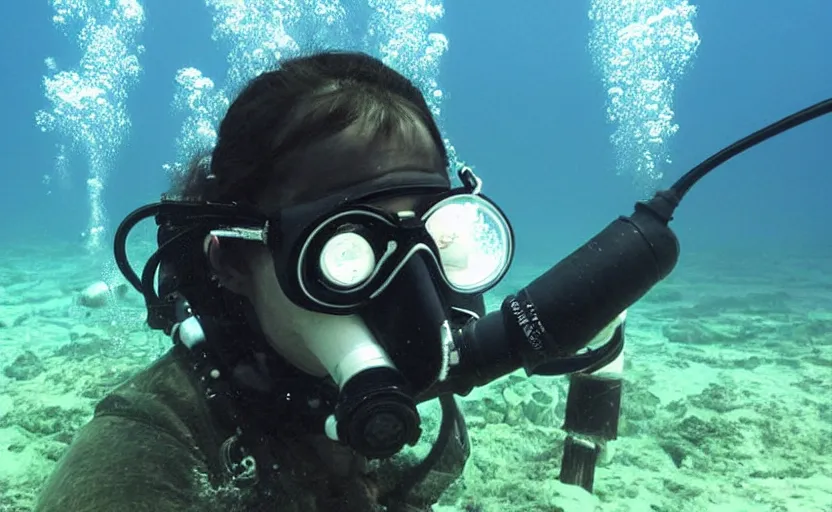 Image similar to scuba diver wearing a gasmask underwater